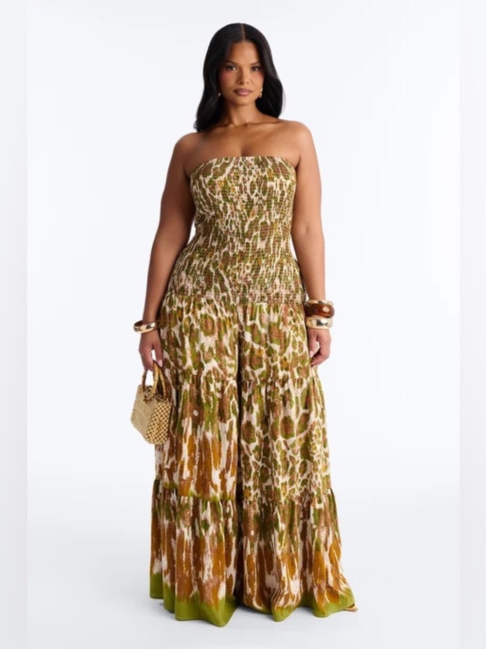 Fashion Nova Olive & Tan Strapless Smocked Maxi Dress